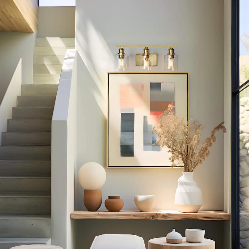 Oriva Modern 3-Light Gold Wall Sconce Cylinder Clear Glass Bathroom Vanity Light - Brushed Electroplated Copper - W22"xD6.5"xH9"