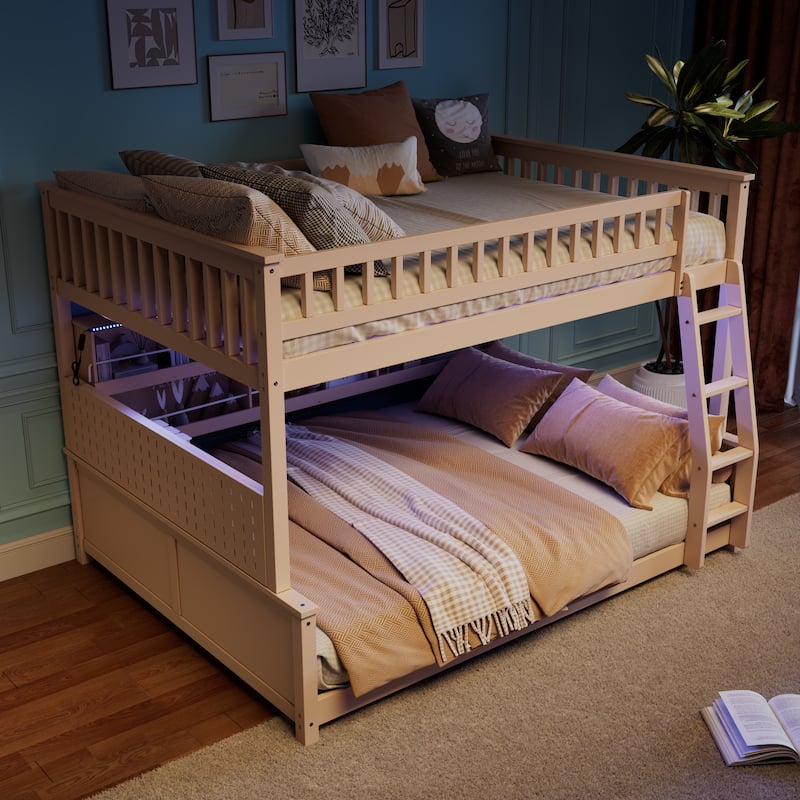 Full XL over Queen/Full over Full Bunk Bed with Integrated Shelving, Color-Changing Lights & Pegboard