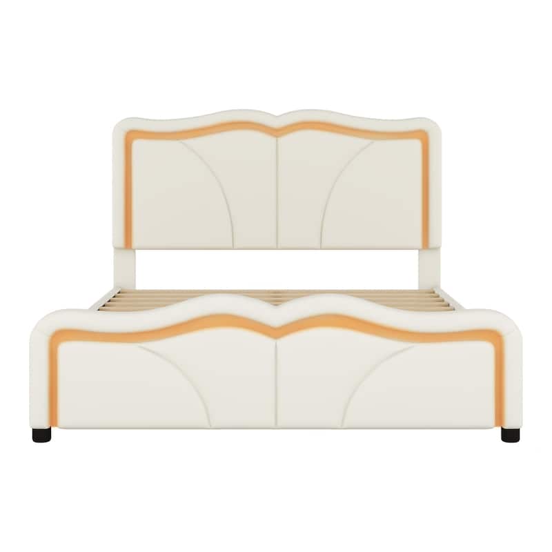 Full Size Upholstered Platform Bed w/ Curve Shaped & LED Light Strips