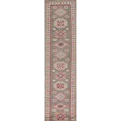 Gray Geometric Kazak Runner Rug Handmade Wool Carpet - 2'9" x 16'5"