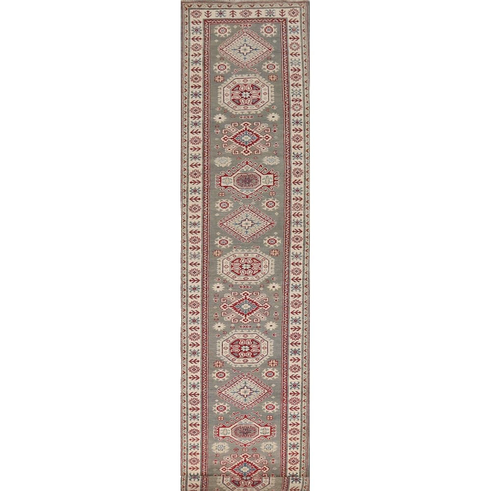 Gray Geometric Kazak Runner Rug Handmade Wool Carpet - 2'9" x 16'5"