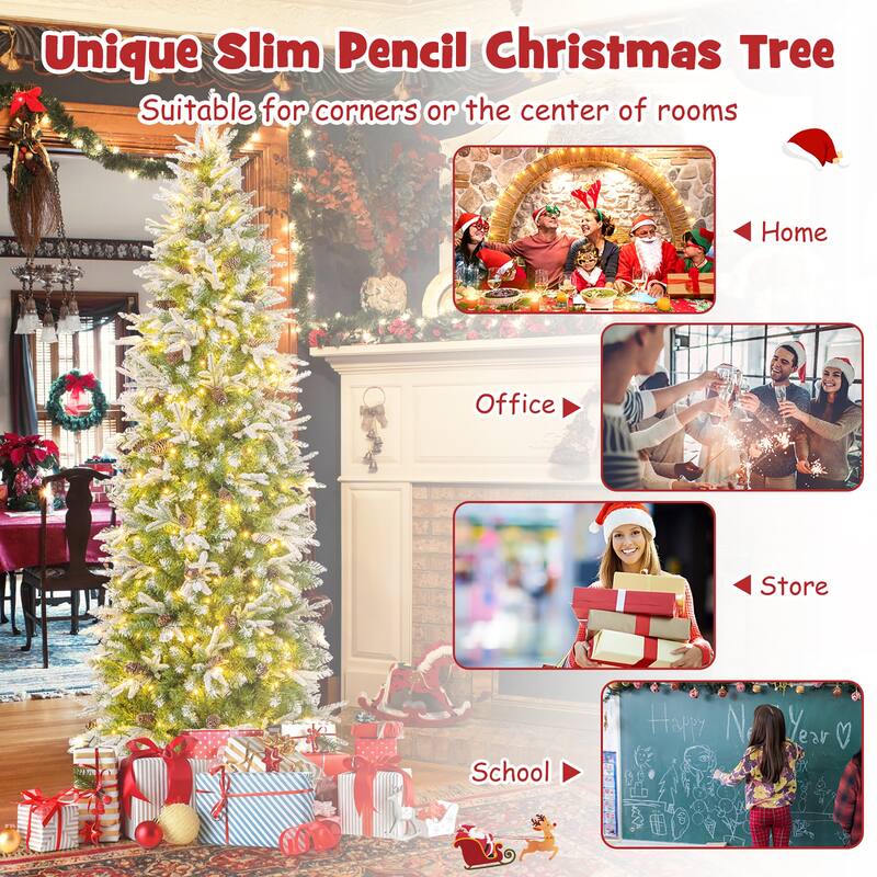Gymax 6/7.5/9 FT Pre-Lit Artificial Christmas Tree Snow Flocked Hinged