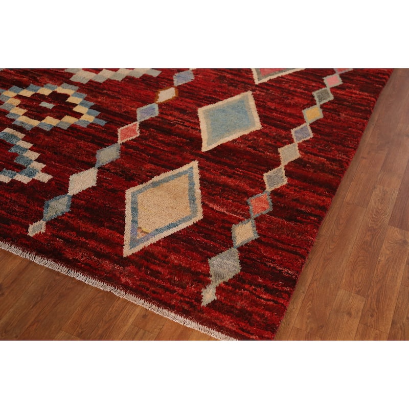 Red Geometric Moroccan Oriental Rug Hand-Knotted Tribal Wool Carpet - 8'1" x 9'9"