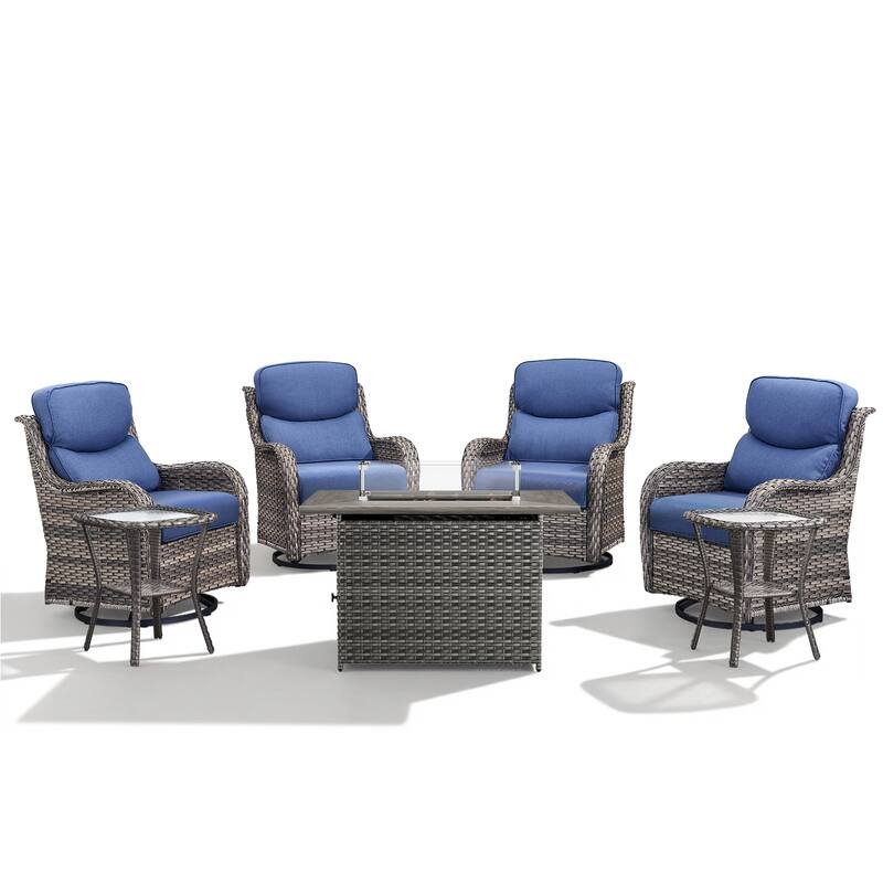 Meyreso 7-Piece Outdoor Patio Wicker Fire Pit 4 person Conversation Set with 5-Inch Thick Cushions