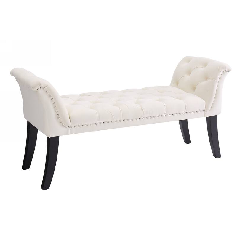 Rectangular End of Bed Bench Upholstered Seat with Tufted Buttons, Decorative Bench Window Bench with Armrests