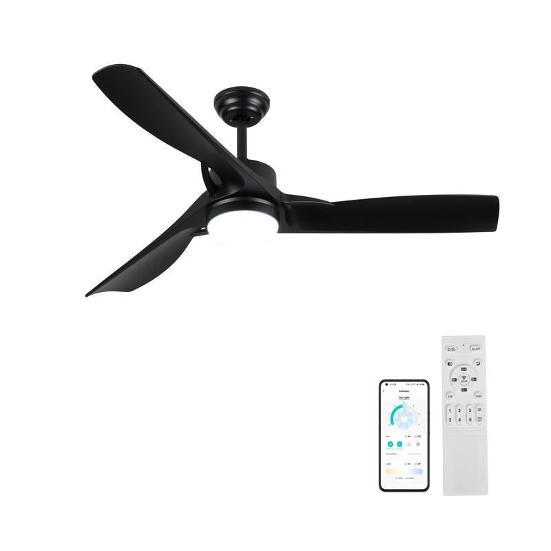 52 Inch Black Ceiling Fan With Light, Ceiling Fan With 3 Reversible Blades, 2 Downrods, 6-Speed Remote Control - Black