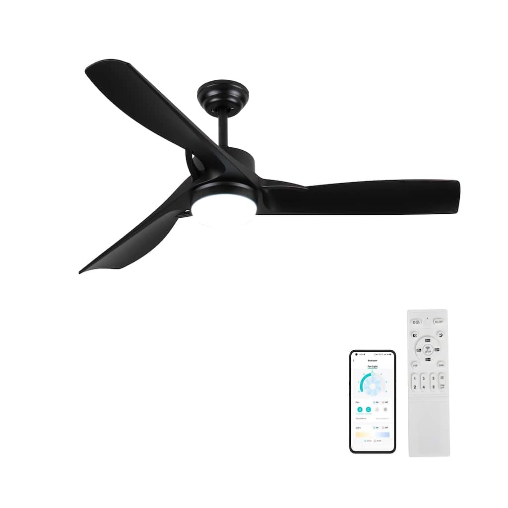 52 Inch black Ceiling Fan with light, Ceiling Fan with 3 Reversible Blades, 2 Downrods, 6-Speed Remote Control
