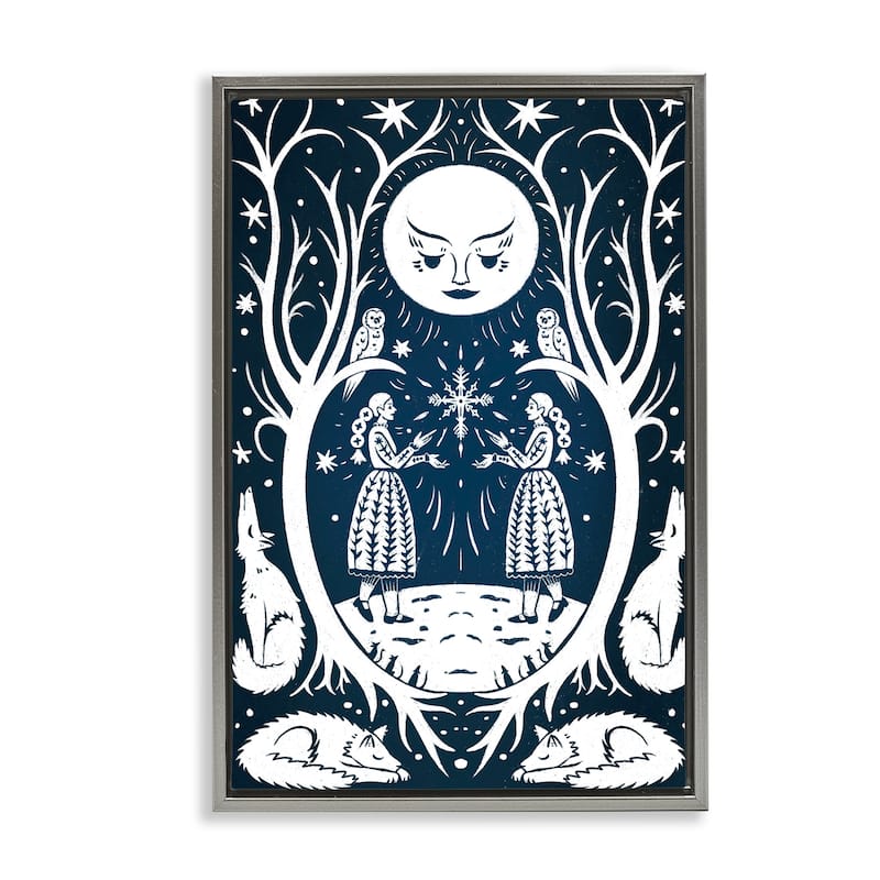 Stupell Woodland Folk Girls with Moon Framed Floater Canvas Wall Art Design By Hannah Moren - 17 x 25 - Grey