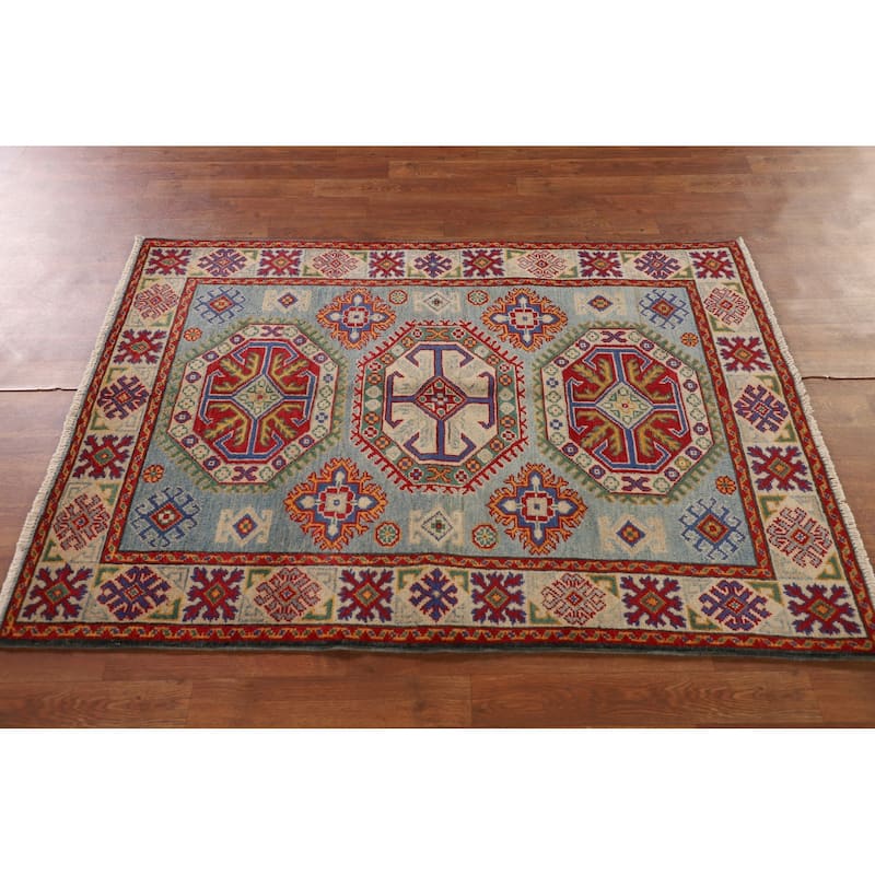 Geometric Kazak Accent Rug Handmade Wool Carpet - 3'6"x 4'11"