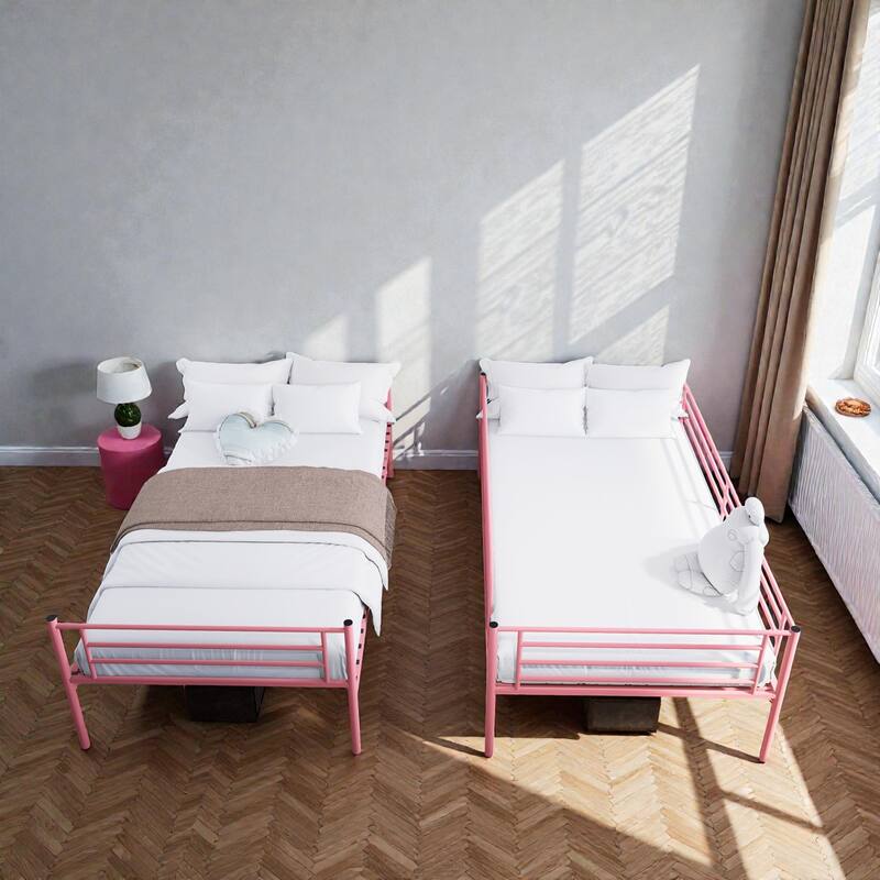 Twin Over Twin Metal Bunk Bed with Ladder and High Guardrails, Convertible to 2 Twin Beds, Noise-Free Design