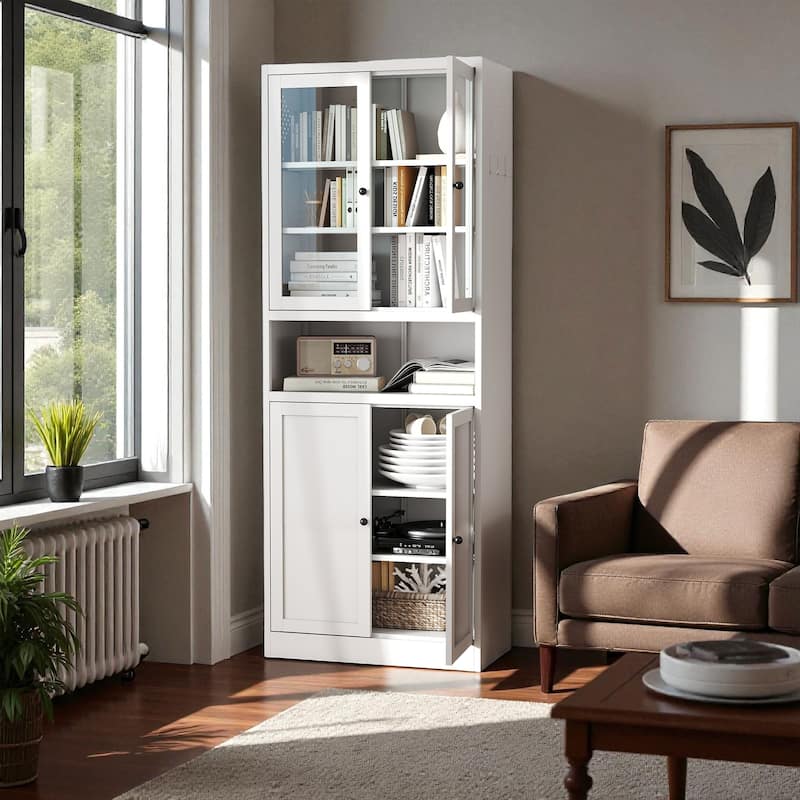 72" Metal Storage Pantry Cabinet, Freestanding Stainless Steel Frame with Adjustable Shelves and Glass Doors