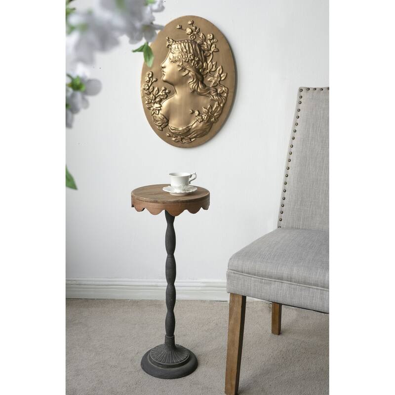 D10.5x25.5" Black Iron Side Table with Scalloped Brown Wooden Top