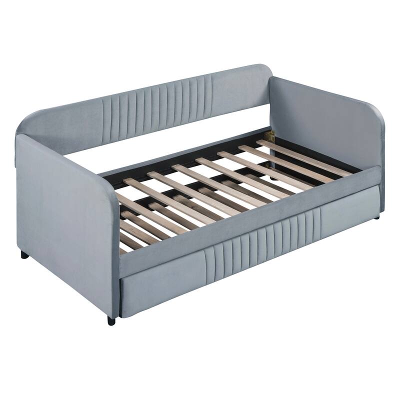 Twin Size Upholstered Daybed Sofa Bed with Trundle & Wood Slat Support