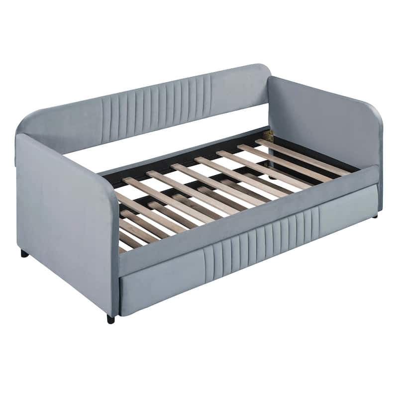 Upholstered Daybed Sofa Bed Twin Size With Trundle Bed and Wood Slat