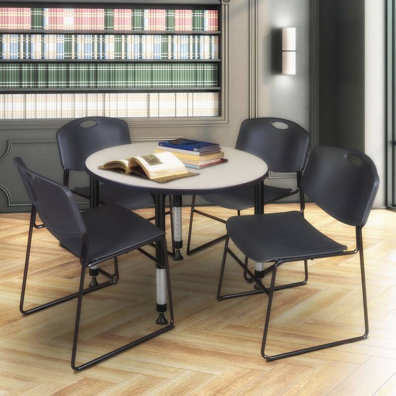 36 in. Round Height Adjustable Classroom Table - Maple & 4 Stack Chairs- Black
