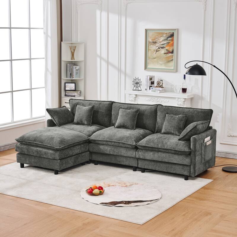 L-Shaped Modular Sectional Sofa with Movable Storage Ottoman, Comfy Cashmere Deep Seat Cloud Couch, Lounge Sofa with Pillows