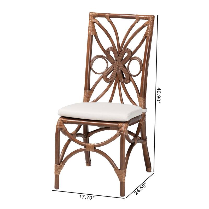 Brama Natural Rattan Dining Chair with Decorative Backrest and Cushioned Seat, Boho Coastal Style Seating for Dining Room
