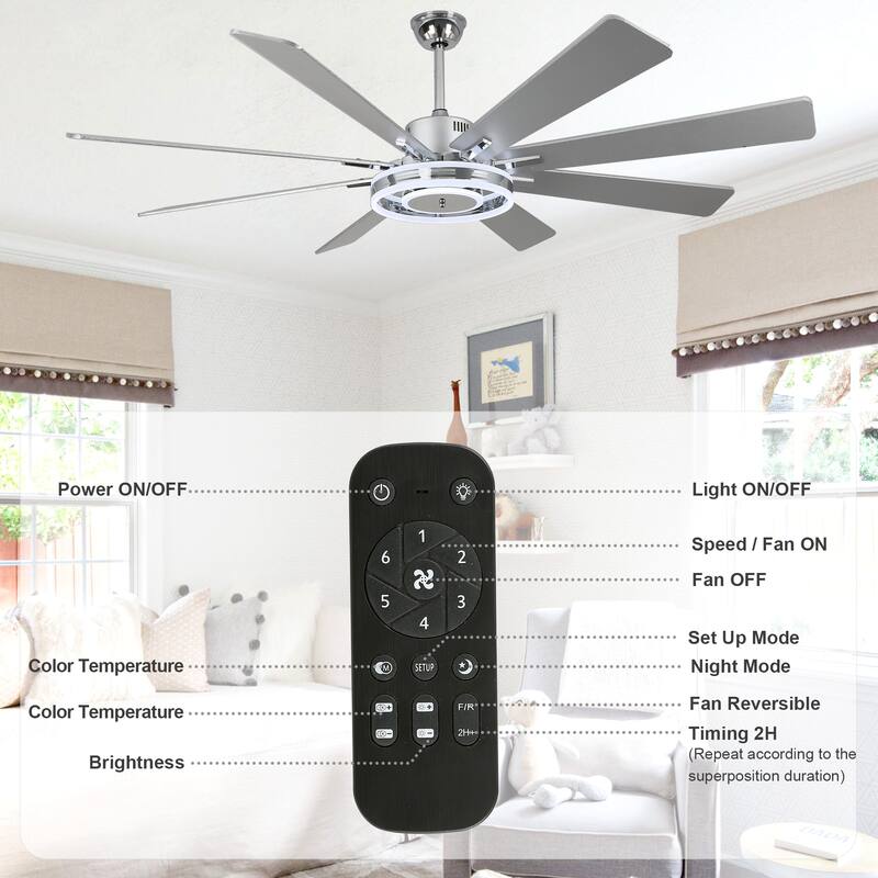 Cusp Barn 72" Modern LED Ceiling Fan with Lights and Remote, Reversible 6 Speeds Chandelier Ceiling Fan for Large Room