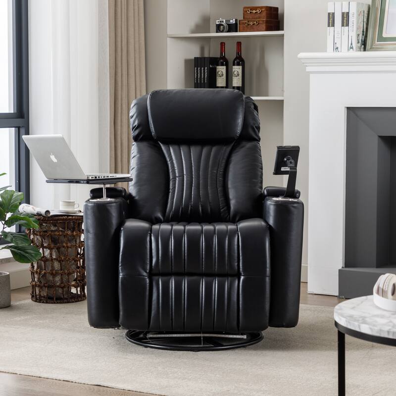 270° Power Swivel Recliner,Home Theater Seating With Hidden Arm Storage and LED Light Strip,Cup Holder