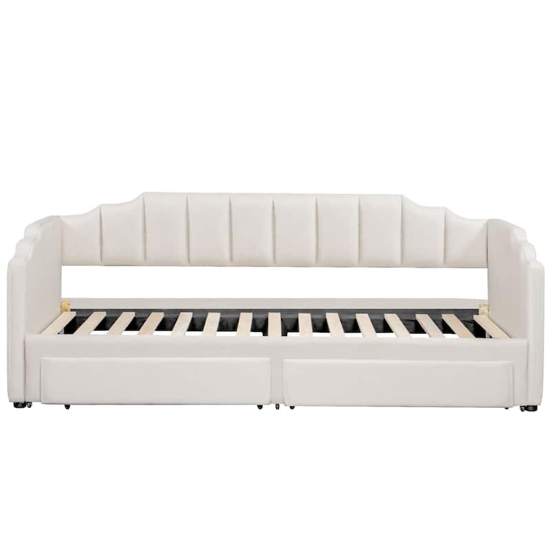 Extendable Twin XL to King Upholstered Daybed with Storage Drawers and LED Light, Beige