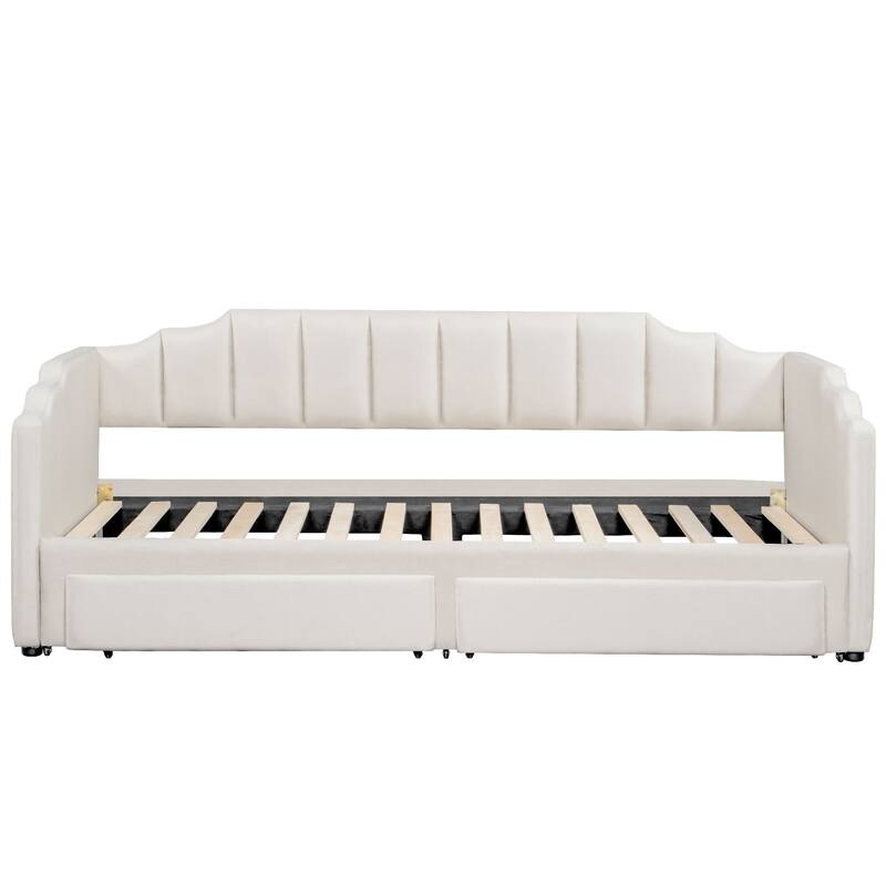 Extendable Upholstered Daybed with 2 Storage Drawers, LED Platform Sofa Bed Frame, Twin XL to King Daybed