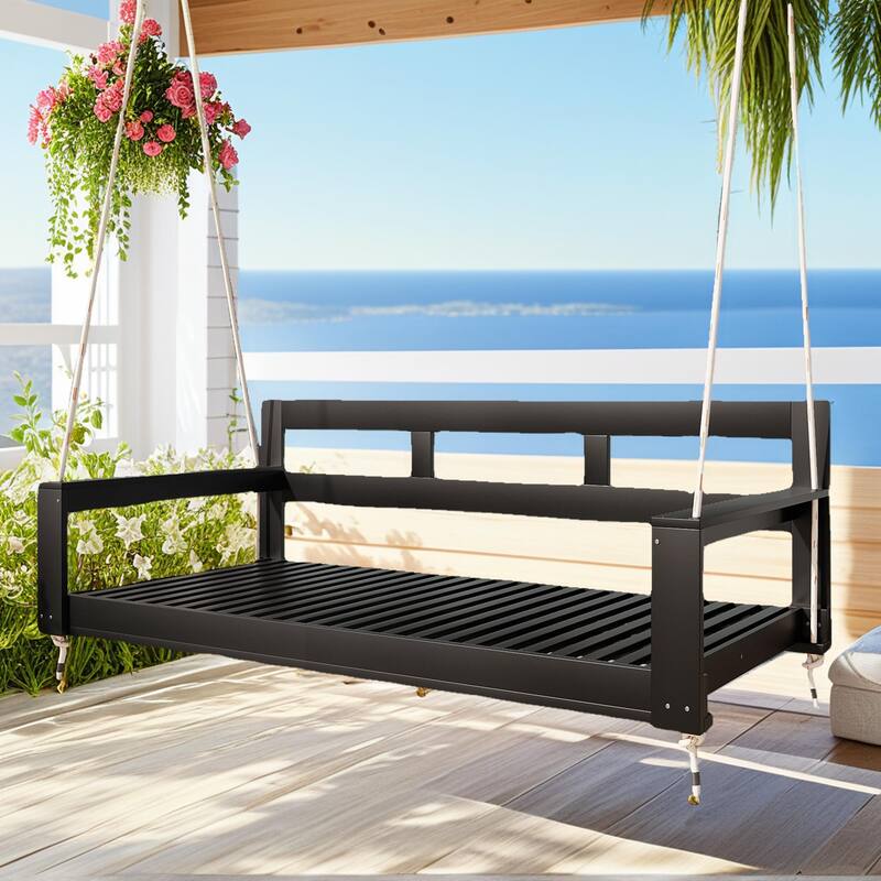 Rustic Elegance Acacia Wood Swing Bed, Farmhouse Daybed with 4 Stylish Colors & 350lb Capacity