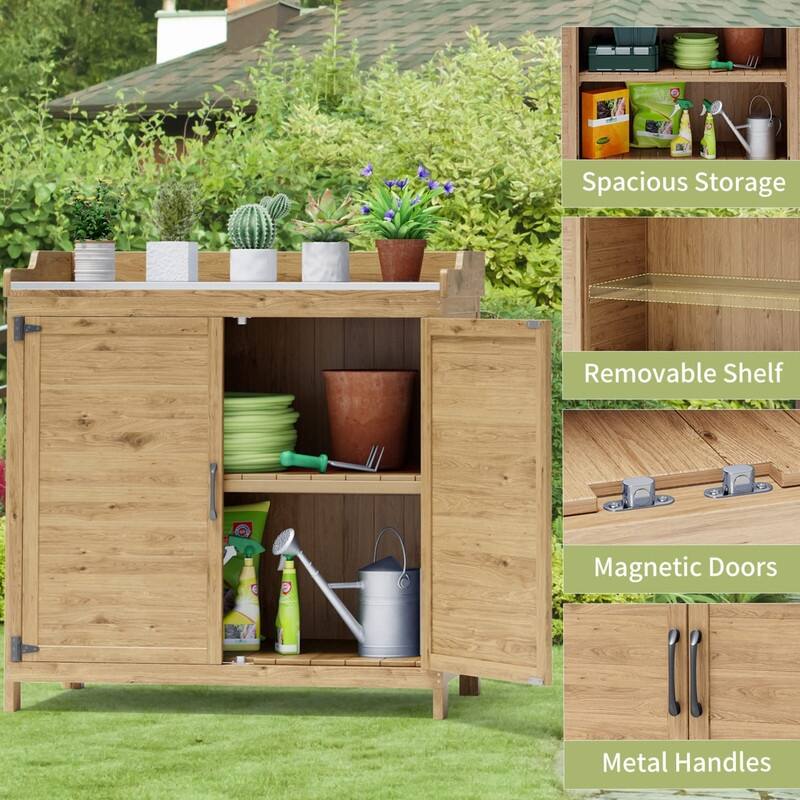 Outdoor Potting Bench with Metal Tabletop, Outdoor Garden Patio Wooden Storage Cabinet with Adjustable Shelf