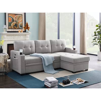 Mabel Linen Fabric Sleeper Sectional with cupholder, USB charging port and pocket