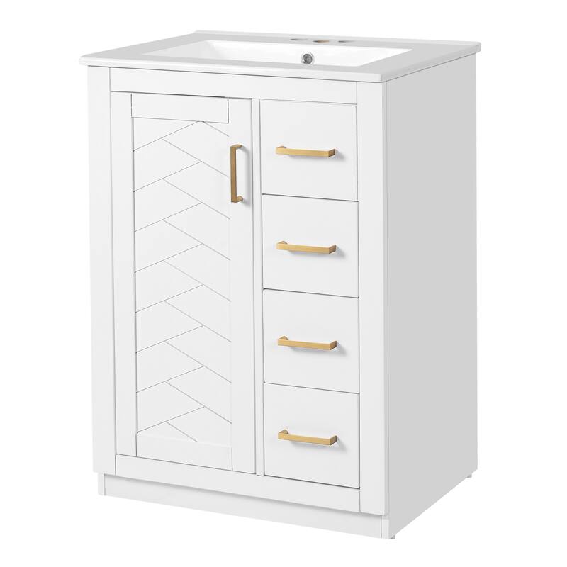 Roomfitters 24 Inch Bathroom Vanity with Integrated Ceramic Sink, Storage Cabinet with 3 Sliding Tiers & Soft Close Door
