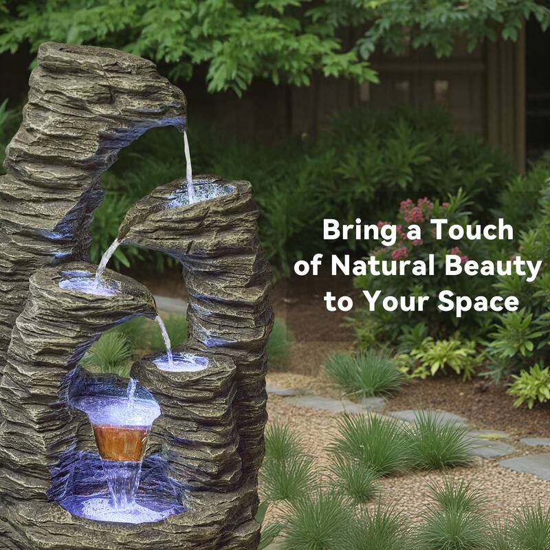 Vbal Outdoor 4-Tier Polyresin Cascading Fountain – Weather Resistant with Lighted Base & Flowing Water