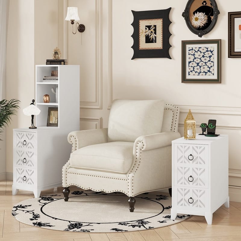 Tall Corner End Table with 3 Drawers and 2 Open Shelves – Perfect for Bedroom or Living Room Storage‌