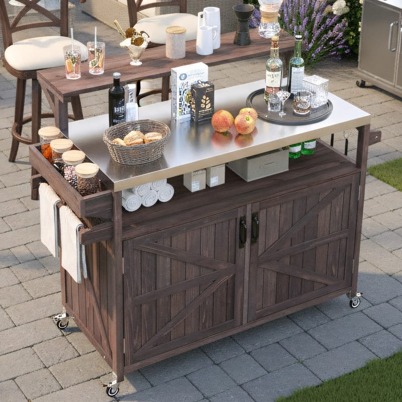 Outdoor Kitchen Island, Solid Wood Storage Cabinet with Stainless Steel Top and Lockable Wheels