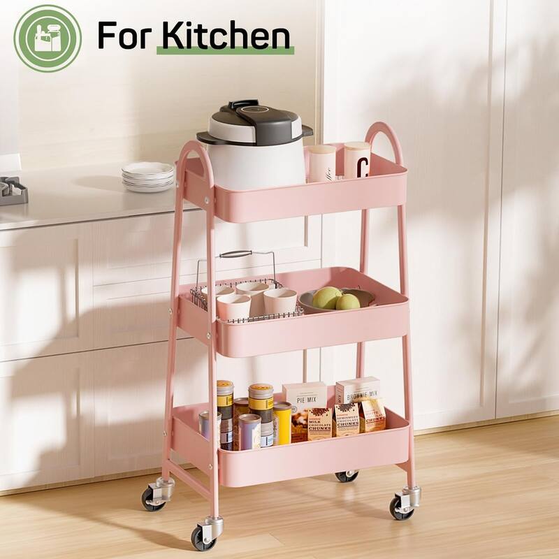 3 Tier Utility Rolling Cart, Metal Storage Cart, Storage Organizer Trolley for Kitchen, Living Room, Office, Garage