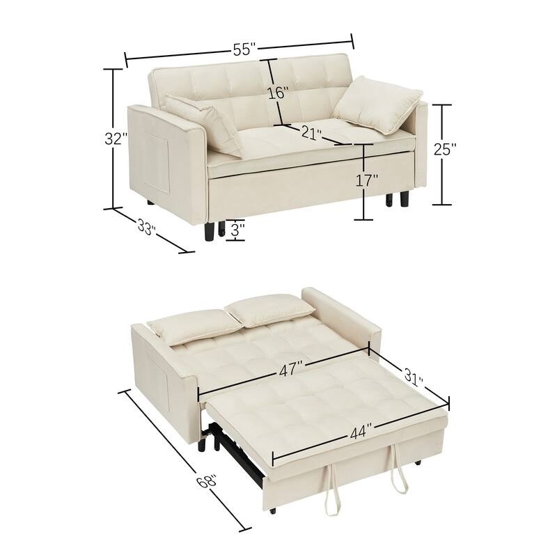 55" 3-in-1 Double Pull-Out Sofa Bed for Living Room