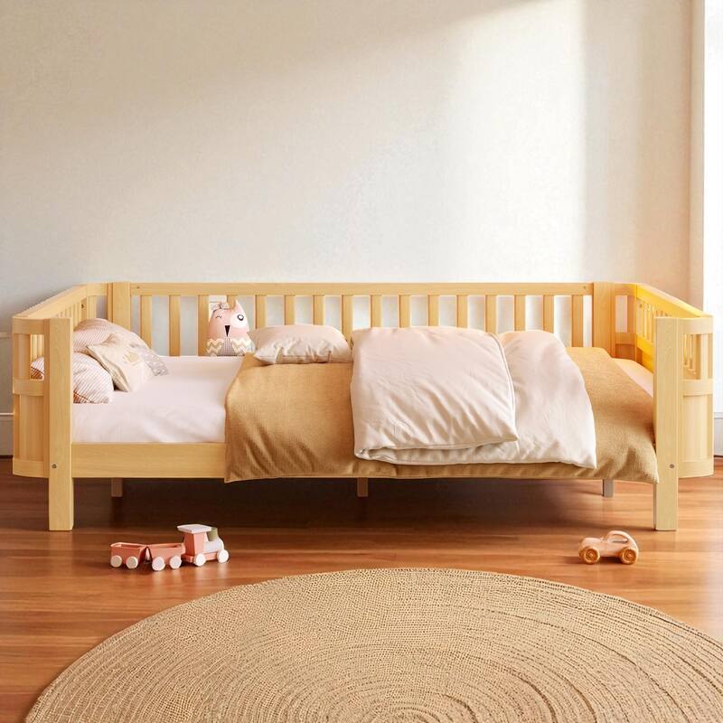 Wood Platform Bed with Guardrails & Detachable Fence, Twin/Full/Twin XL/Queen Size Kids Bed, Safety Design, No Box Spring