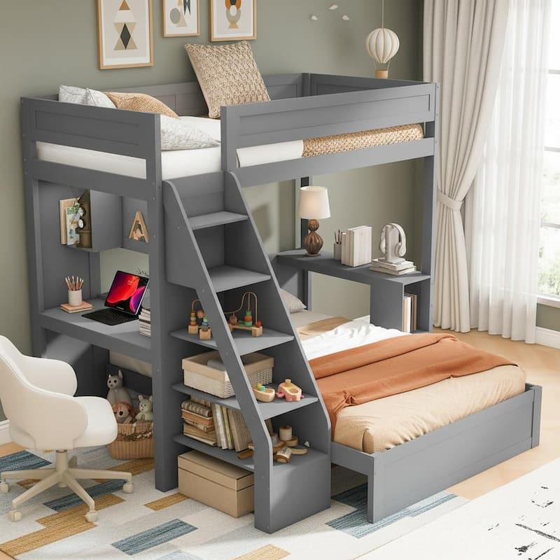 Twin XL Over Full Bunk Bed with Integrated Desk, USB Charging Station & Storage Staircase by Harper&Bright Designs