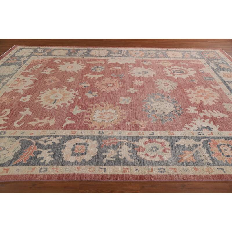 Floral Red Oushak Turkish Area Rug Hand-knotted Wool Carpet - 8'11" x 11'10"
