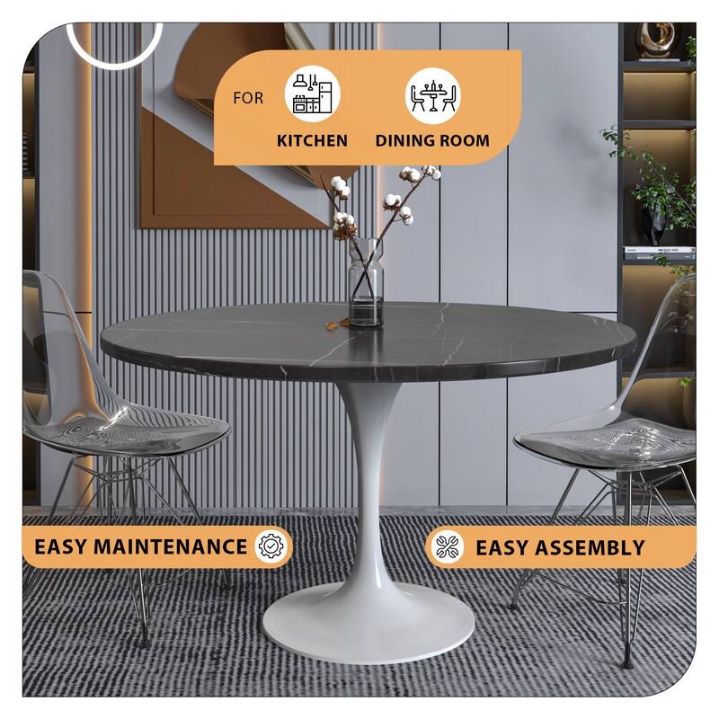 LeisureMod Verve 48" Round Dining Table with Stone TableTop and White Steel Base for Kitchen & Dining Room