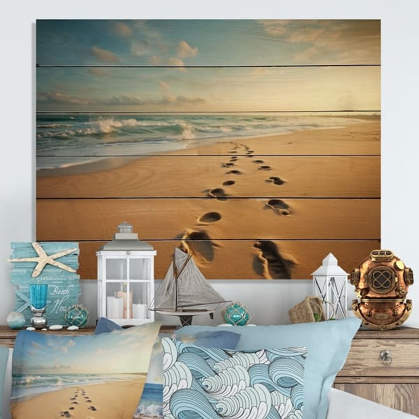 slide 2 of 5, Designart "Beach Photo Footprints In V" Nautical & Beach Print on Natural Pine Wood