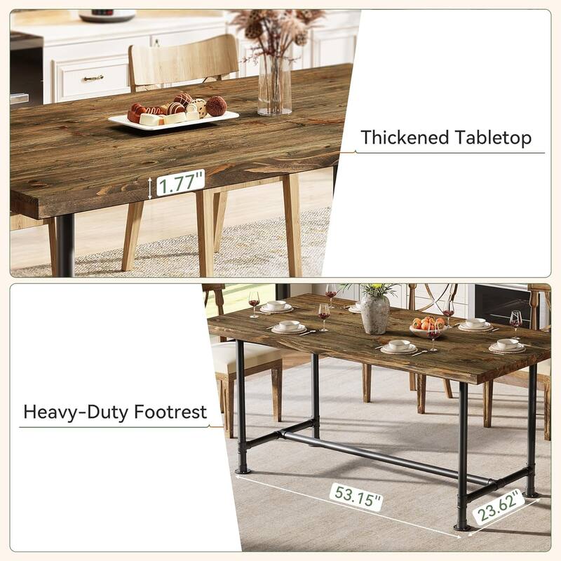 63" Solid Wood Rectangular Dining Table, Industrial Kitchen Table with Metal Footrest and Heavy-Duty Metal Frame for 4-6 Persons