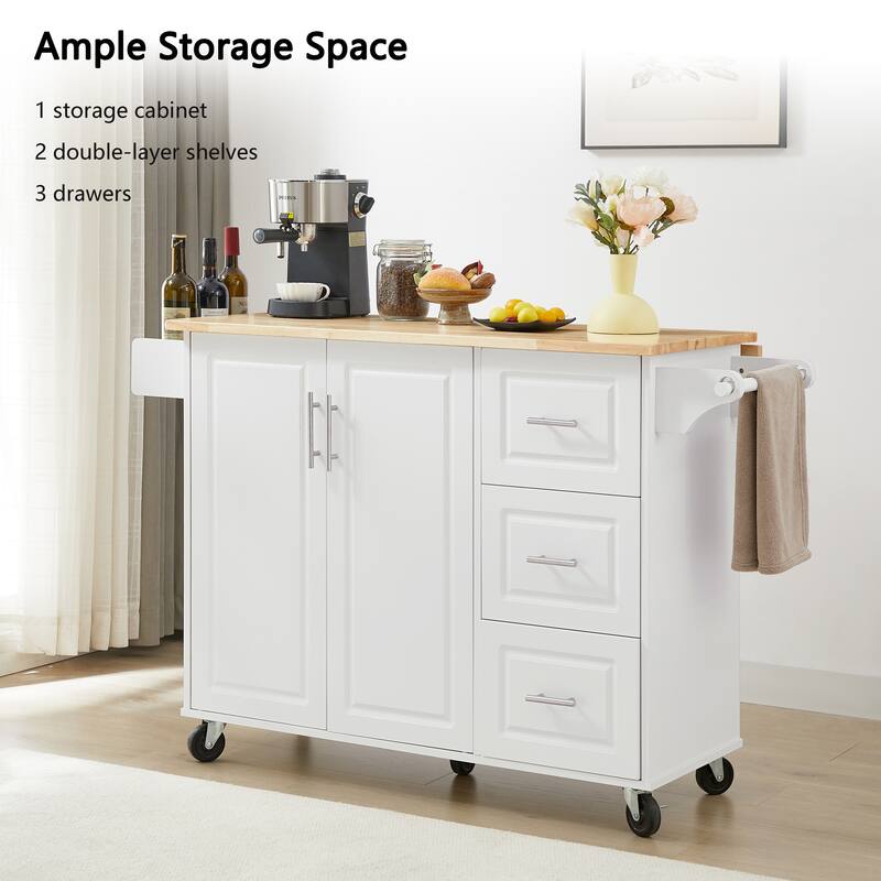Anmytek White Rolling Kitchen Cart with Bamboo Top Drop Leaf Mobile Island Storage for Small Spaces