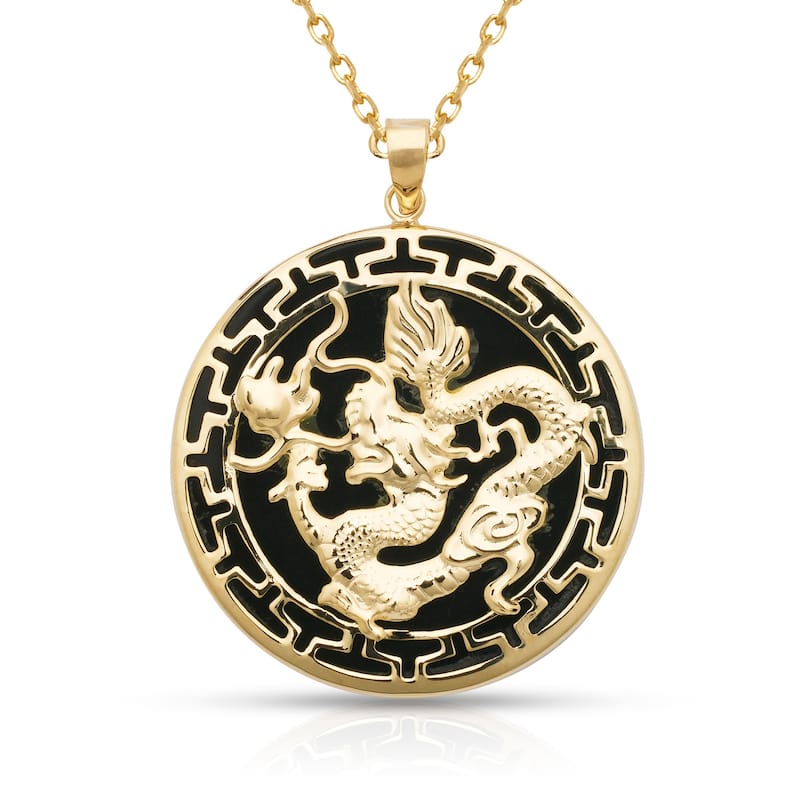 Curata 14k Yellow Gold 18-inch Jade Large Dragon Circle Pendant Necklace (26mm x 32mm) - Black Onyx - Yellow