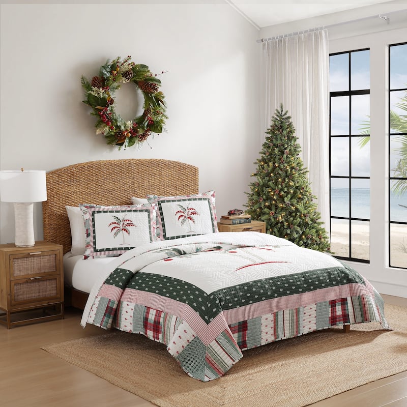 Tommy Bahama Palm Tree Patchwork Cotton Green Quilt Set