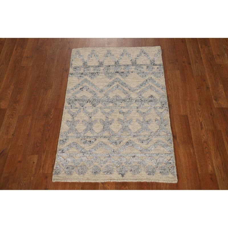 Moroccan Foyer Rug Hand-Knotted Oriental Beige Wool Carpet - 2'0"x 3'0"
