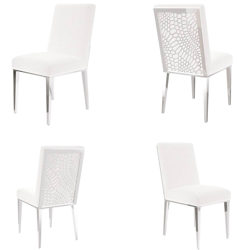 White Upholstered Sherpa Dining Chair Boucle Accent Chairs with Mirrored Silver Legs