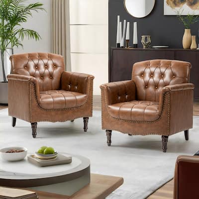 Set of 2 Tufted Vegan Leather Armchairs with Nailhead Trim and Wood Frame