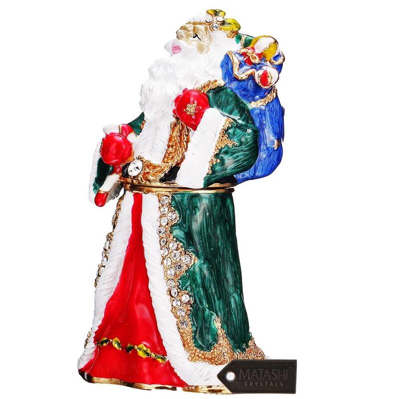 Matashi Hand Painted Gift Bearing Santa Ornament/Trinket Box Embellished with 24K Gold and High Quality Crystals