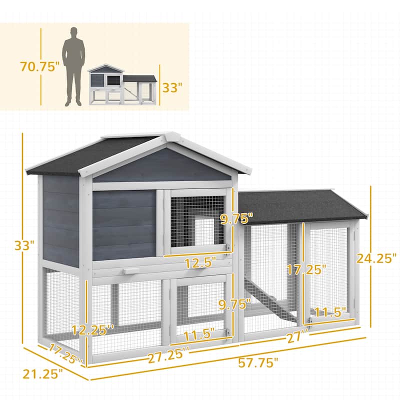 Indoor Outdoor Bunny Hutch with Asphalt Roof and Slide-Out Tray