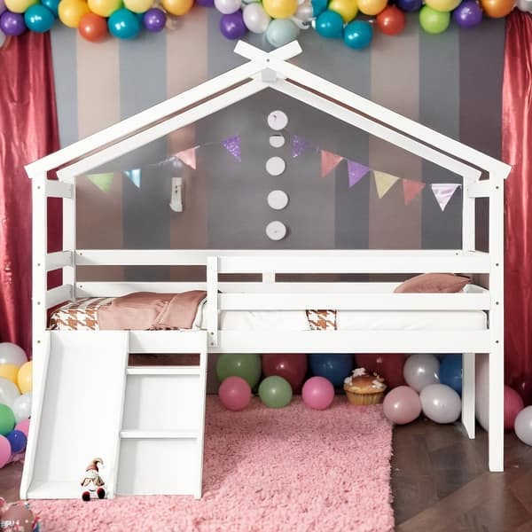 slide 2 of 8, Modern Twin Size Low Loft Bed with Slide and Ladder and Safety Guardrails and House Roof for Bedroom White
