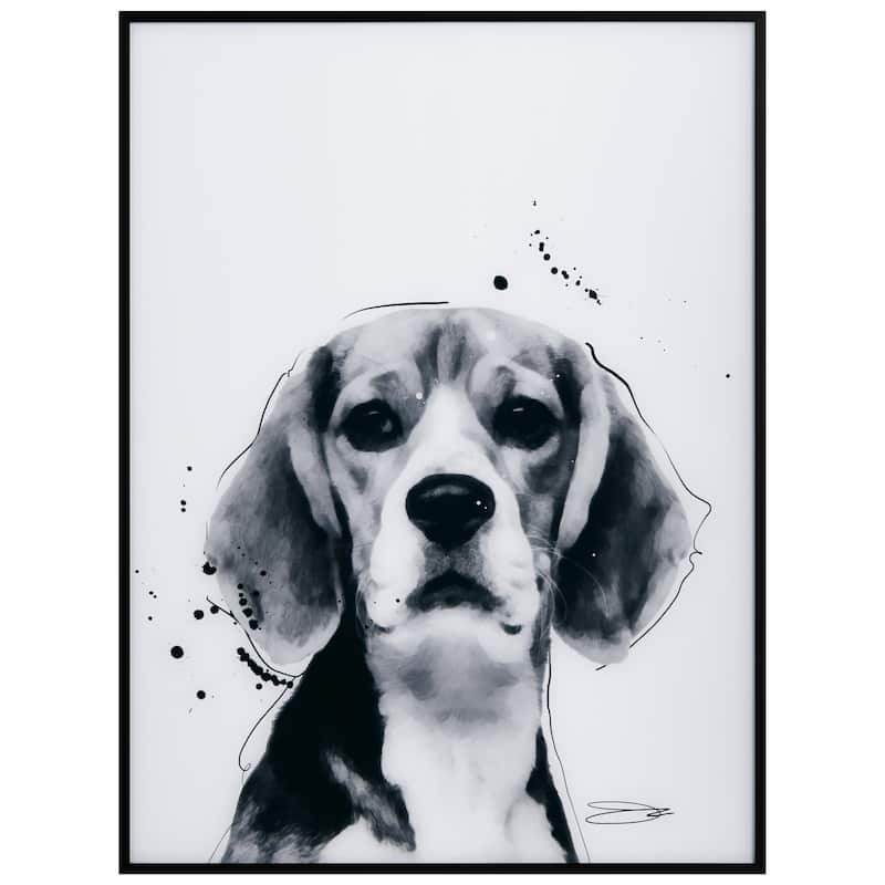 "Beagle" Black and White Pet Paintings on Printed Glass Encased with a Black Anodized Frame